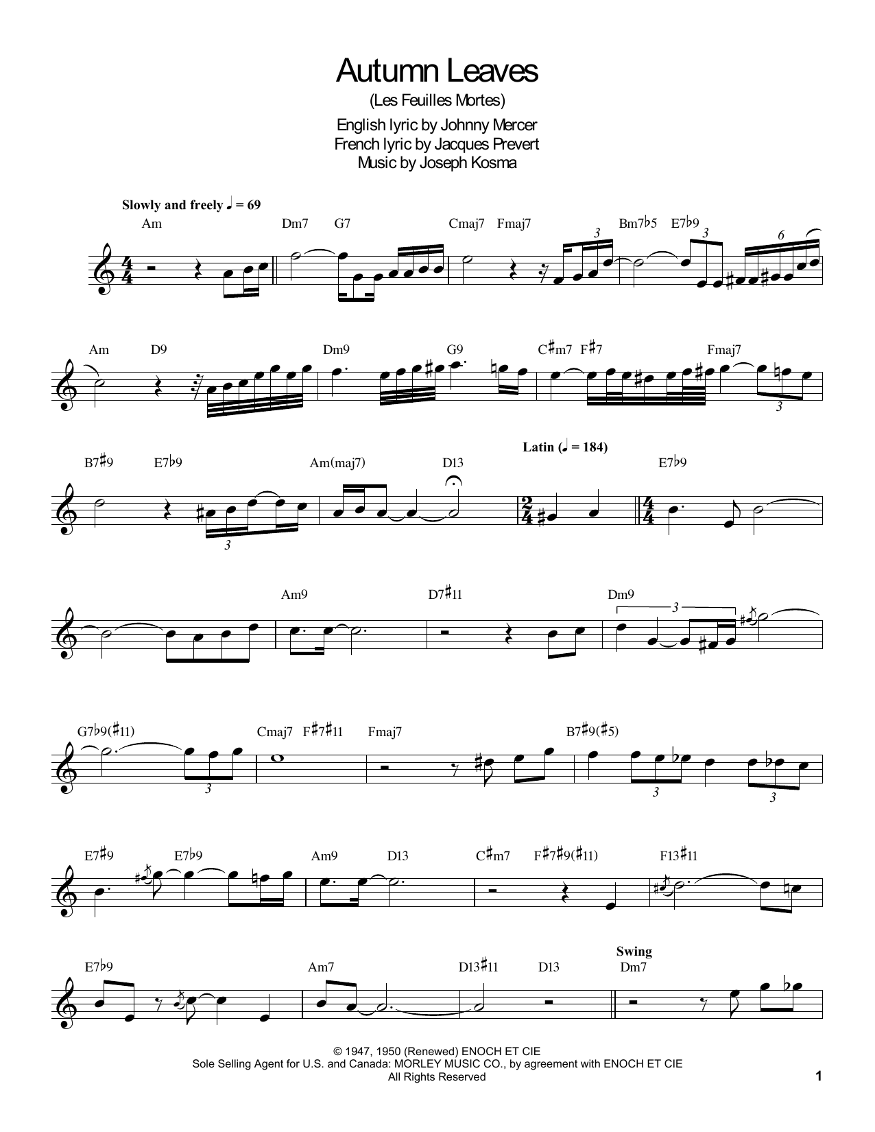 Buddy DeFranco Autumn Leaves sheet music notes and chords arranged for Clarinet Transcription