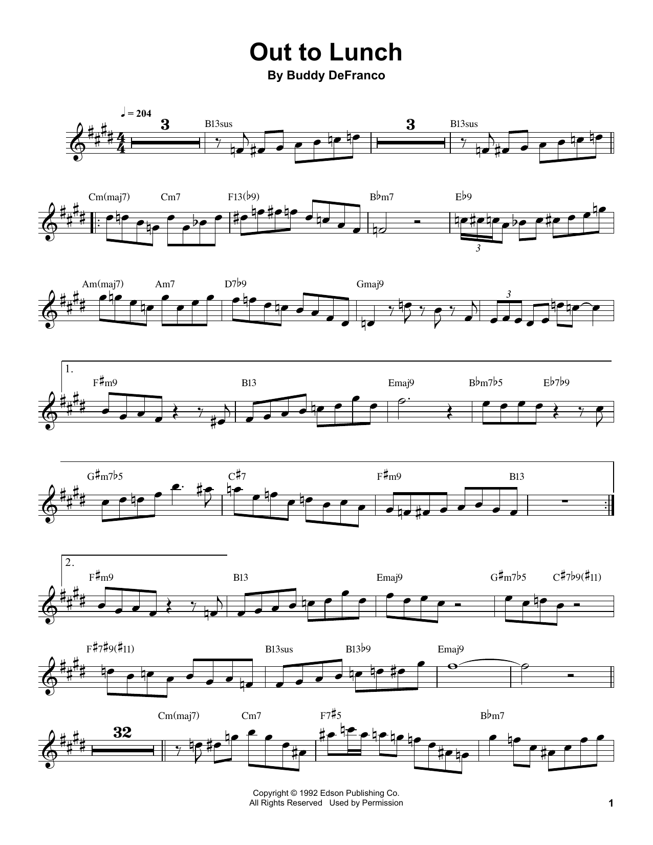 Buddy DeFranco Out To Lunch sheet music notes and chords arranged for Clarinet Transcription