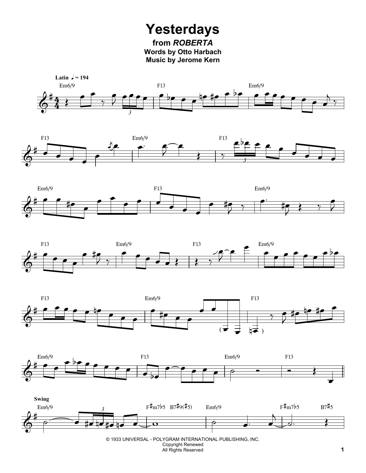 Buddy DeFranco Yesterdays sheet music notes and chords arranged for Clarinet Transcription