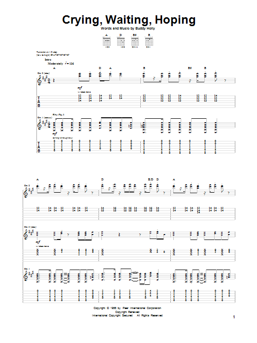 Buddy Holly Crying, Waiting, Hoping sheet music notes and chords arranged for Piano, Vocal & Guitar Chords