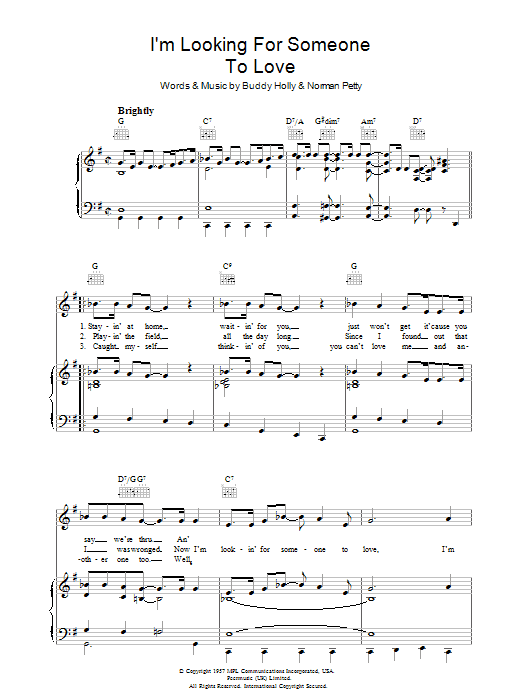 Buddy Holly I'm Looking For Someone To Love sheet music notes and chords arranged for Piano, Vocal & Guitar Chords