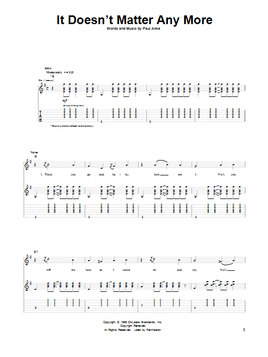 Buddy Holly It Doesn't Matter Any More sheet music notes and chords arranged for Guitar Tab