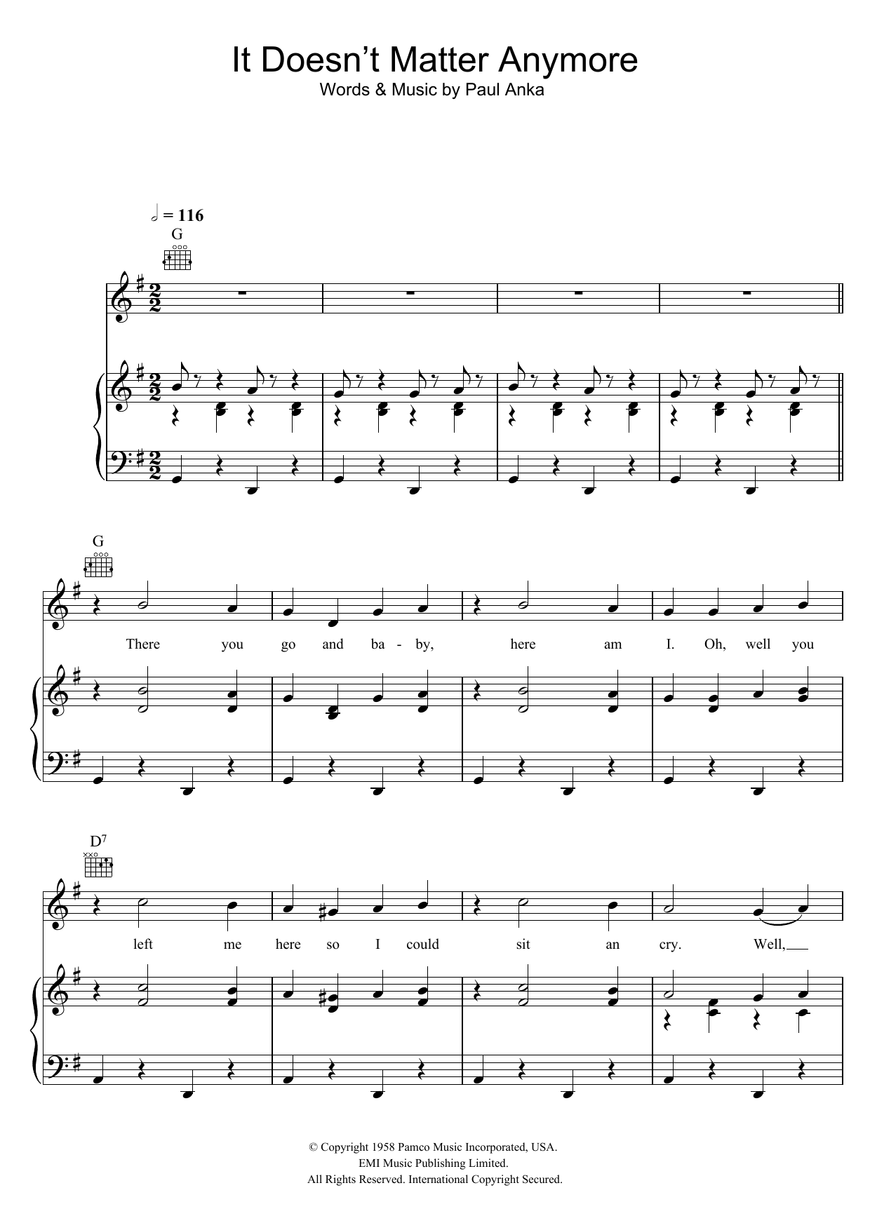 Buddy Holly It Doesn't Matter Anymore sheet music notes and chords arranged for Piano, Vocal & Guitar Chords