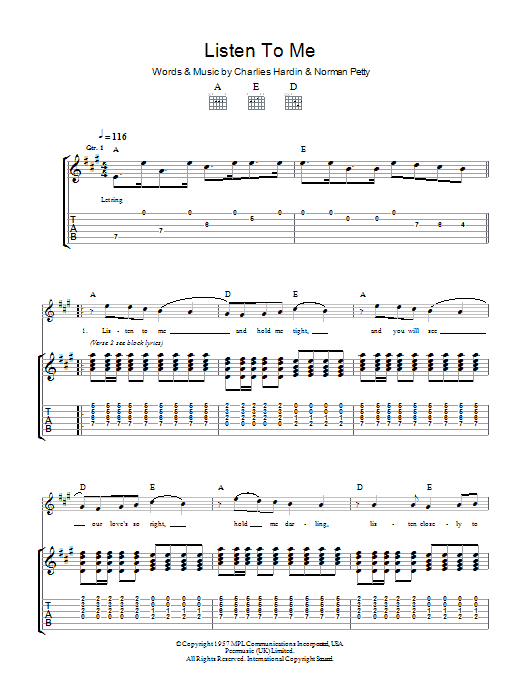 Buddy Holly Listen To Me sheet music notes and chords arranged for Piano, Vocal & Guitar Chords