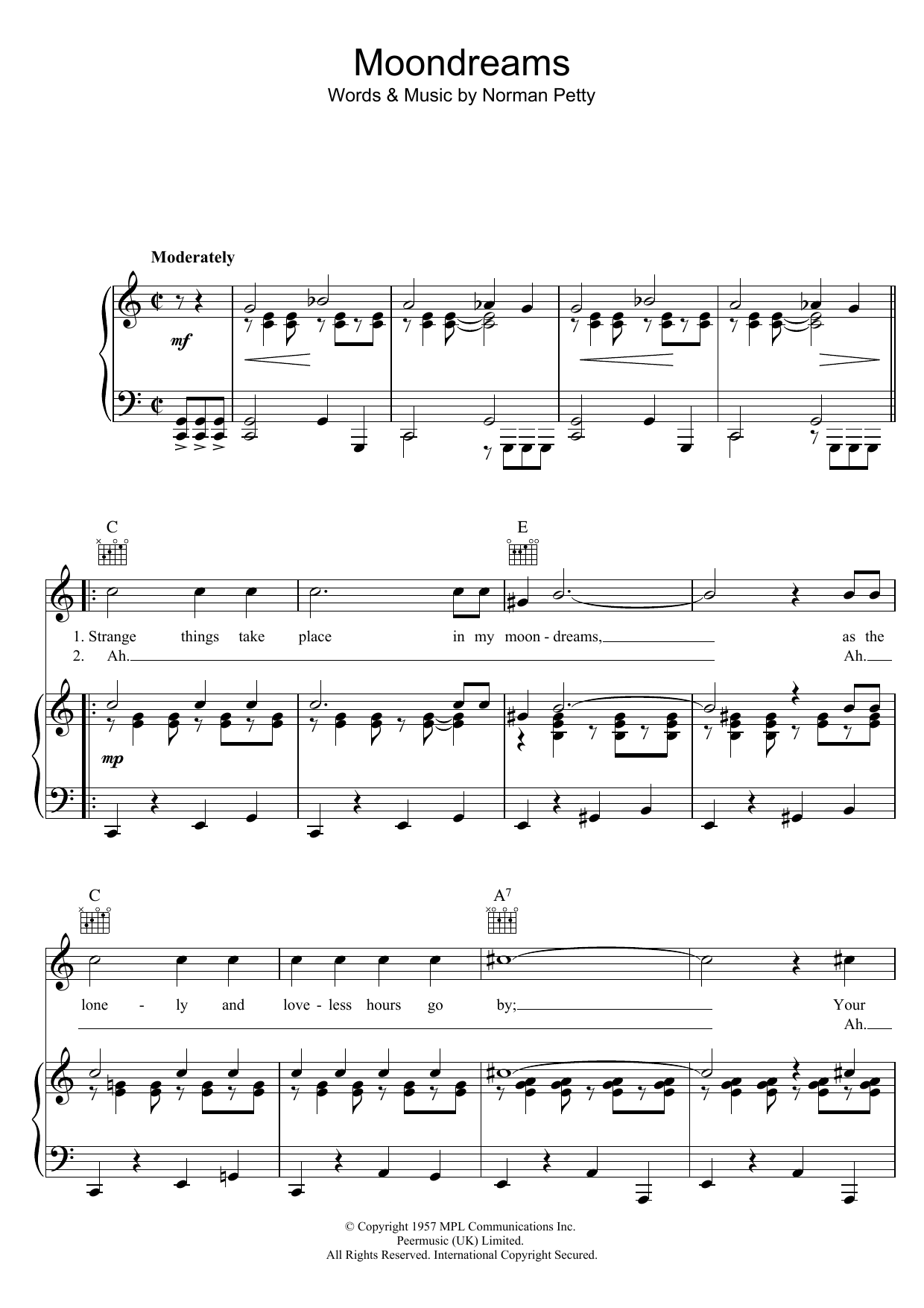 Buddy Holly Moondreams sheet music notes and chords arranged for Piano, Vocal & Guitar Chords