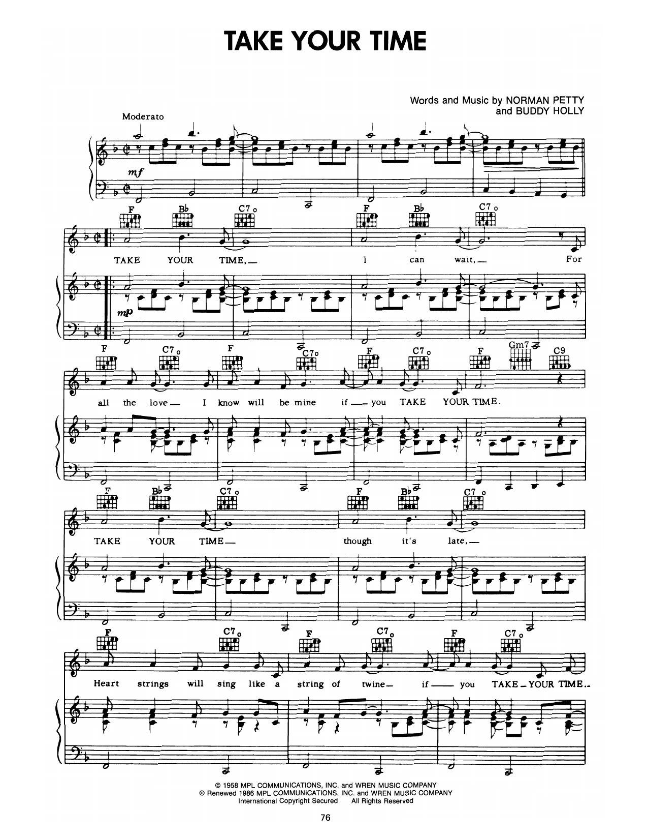 Buddy Holly Take Your Time sheet music notes and chords arranged for Piano, Vocal & Guitar Chords (Right-Hand Melody)