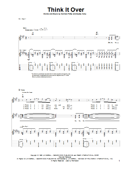 Buddy Holly Think It Over sheet music notes and chords arranged for Piano, Vocal & Guitar Chords