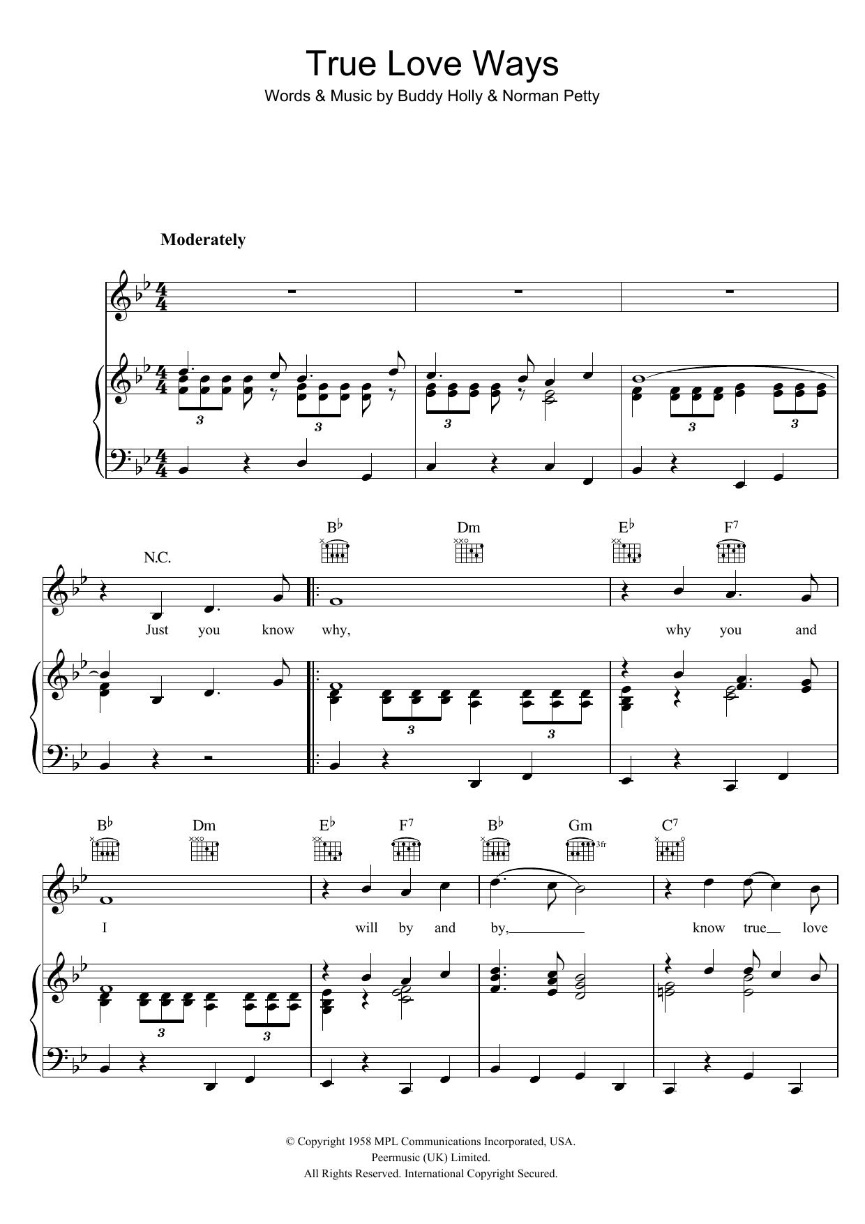 Buddy Holly True Love Ways sheet music notes and chords arranged for Piano, Vocal & Guitar Chords