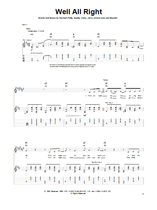 Buddy Holly Well All Right sheet music notes and chords arranged for Piano, Vocal & Guitar Chords