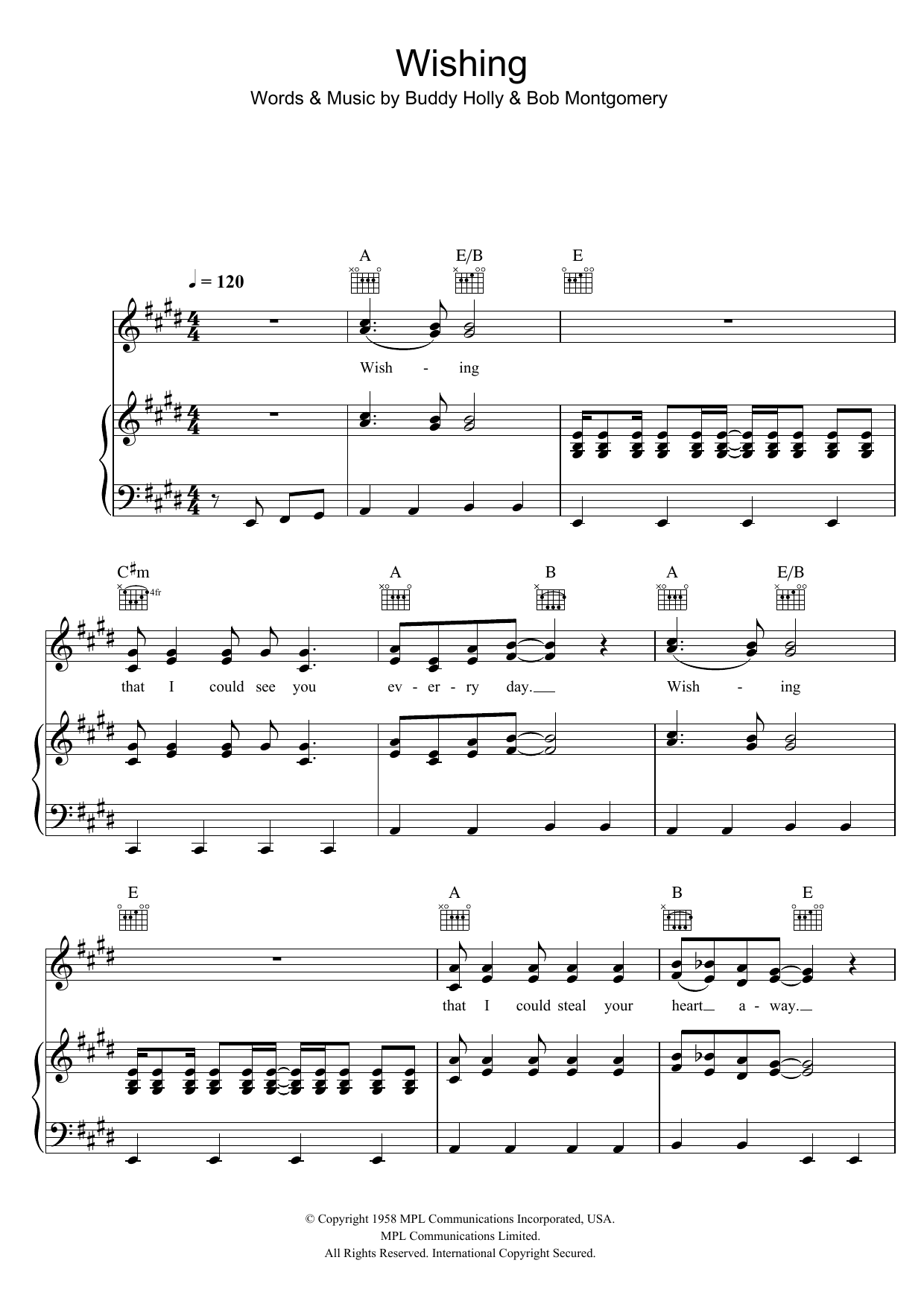 Buddy Holly Wishing sheet music notes and chords arranged for Piano, Vocal & Guitar Chords