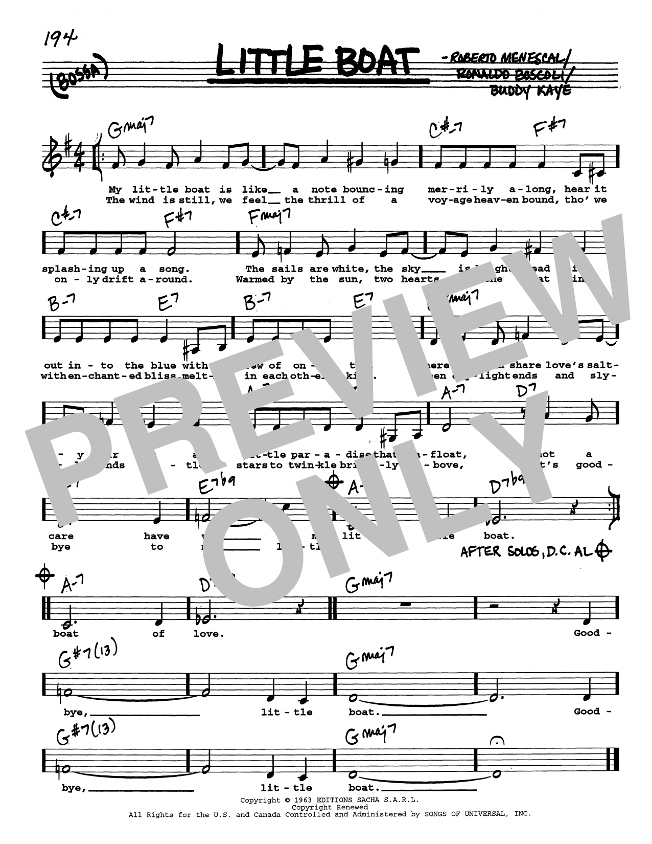Buddy Kaye Little Boat (O Barquinho) (Low Voice) sheet music notes and chords arranged for Real Book – Melody, Lyrics & Chords