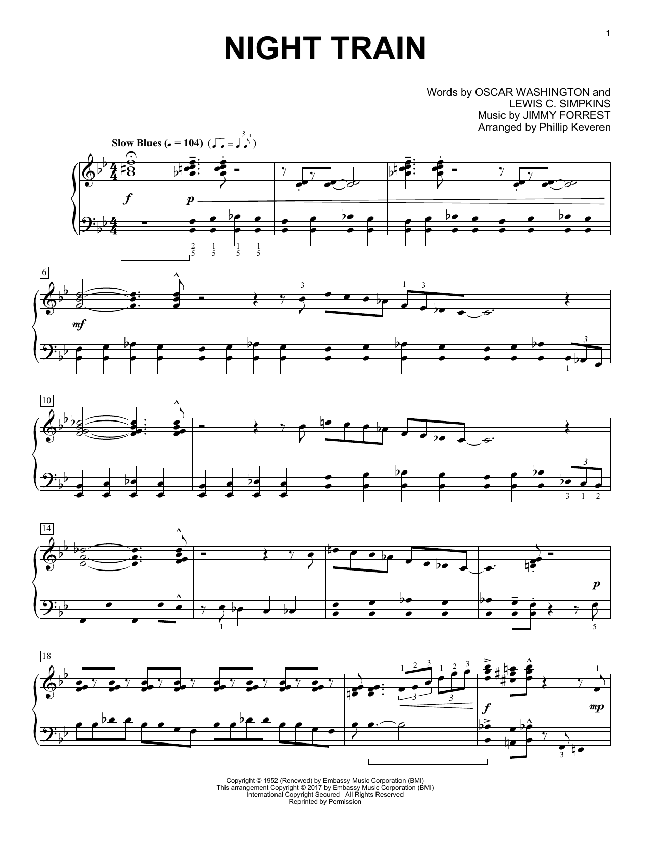 Buddy Morrlow Night Train (arr. Phillip Keveren) sheet music notes and chords arranged for Piano Solo