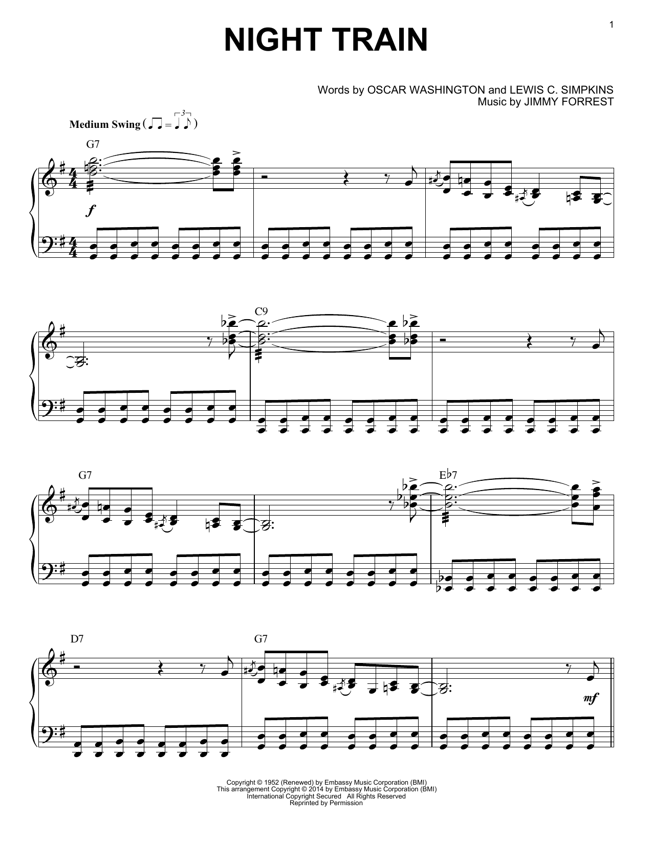 Buddy Morrlow Night Train sheet music notes and chords arranged for Piano Solo