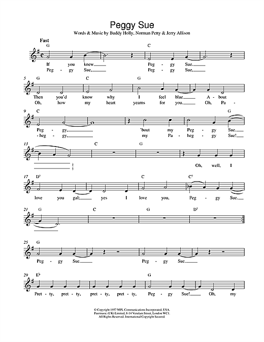 Buddy Holly Peggy Sue sheet music notes and chords arranged for Real Book – Melody, Lyrics & Chords