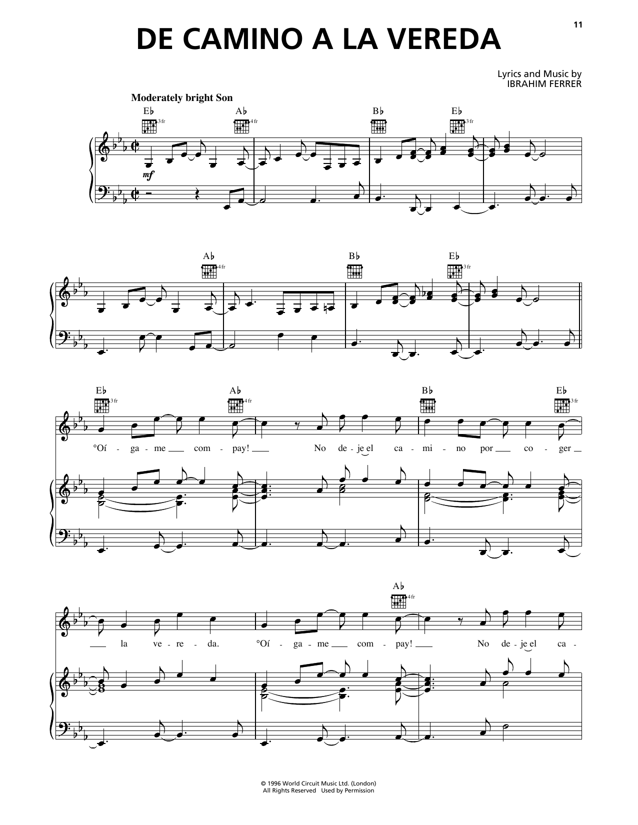 Buena Vista Social Club De Camino A La Vereda sheet music notes and chords arranged for Piano, Vocal & Guitar Chords (Right-Hand Melody)
