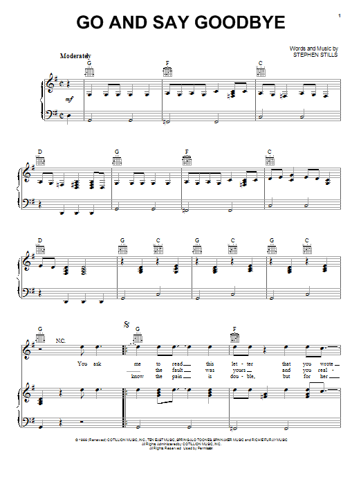 Buffalo Springfield Go And Say Goodbye sheet music notes and chords arranged for Piano, Vocal & Guitar Chords (Right-Hand Melody)