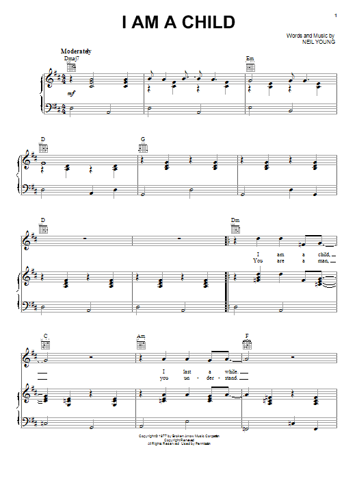 Buffalo Springfield I Am A Child sheet music notes and chords arranged for Piano, Vocal & Guitar Chords (Right-Hand Melody)