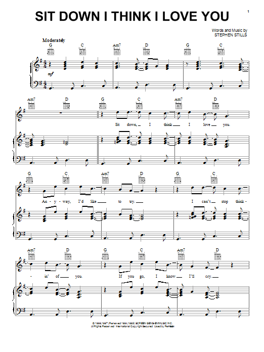 Buffalo Springfield Sit Down I Think I Love You sheet music notes and chords arranged for Piano, Vocal & Guitar Chords (Right-Hand Melody)