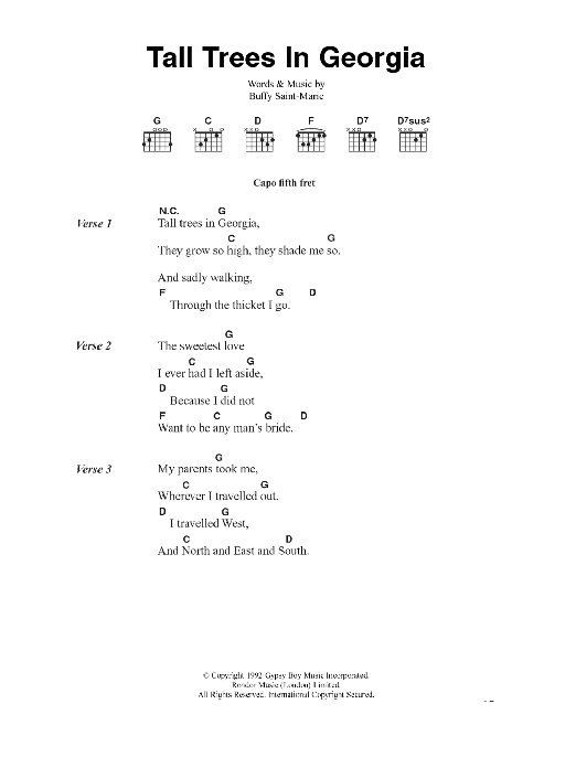 Buffy Saint-Marie Tall Trees In Georgia sheet music notes and chords arranged for Guitar Chords/Lyrics