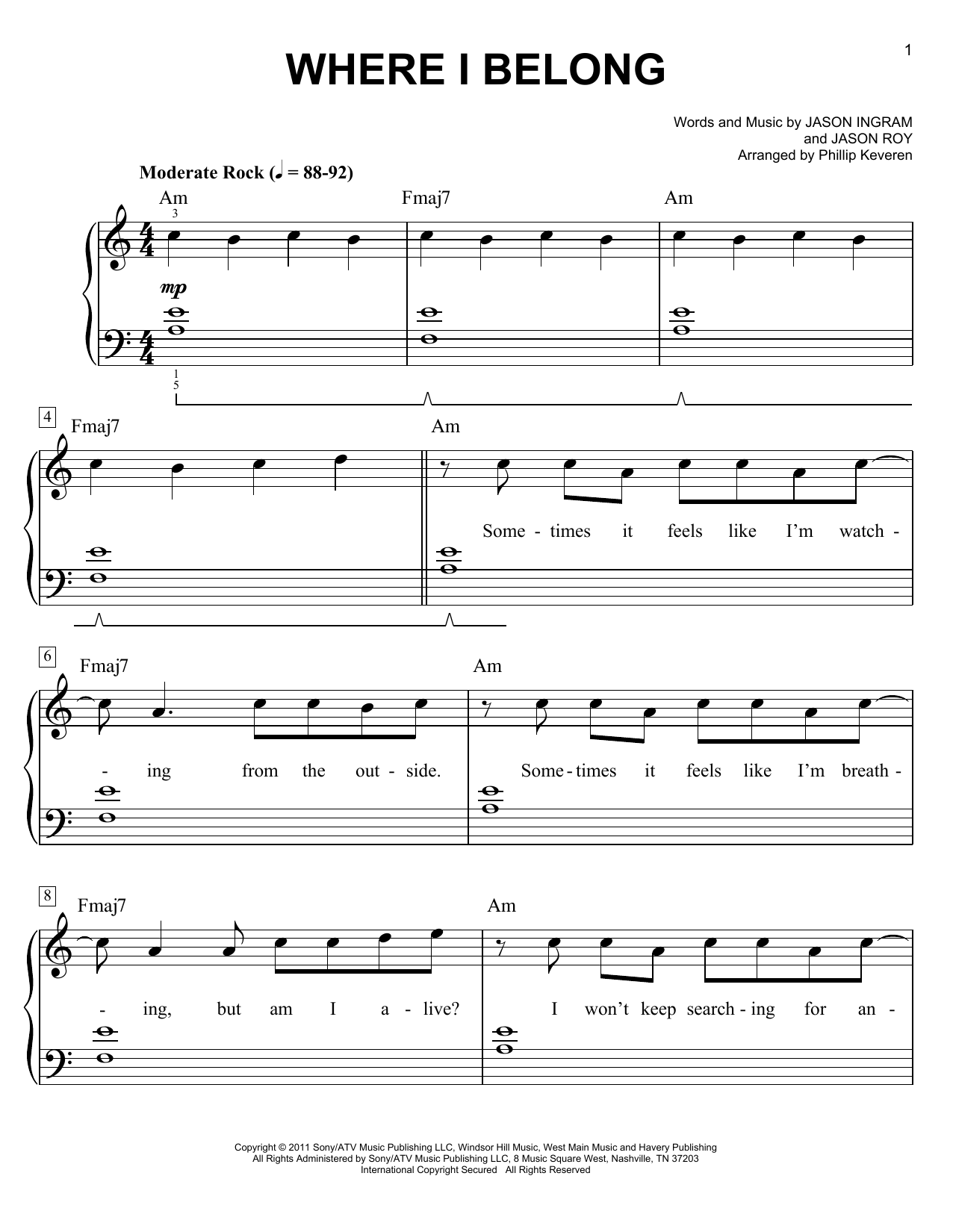 Building 429 Where I Belong (arr. Phillip Keveren) sheet music notes and chords arranged for Easy Piano