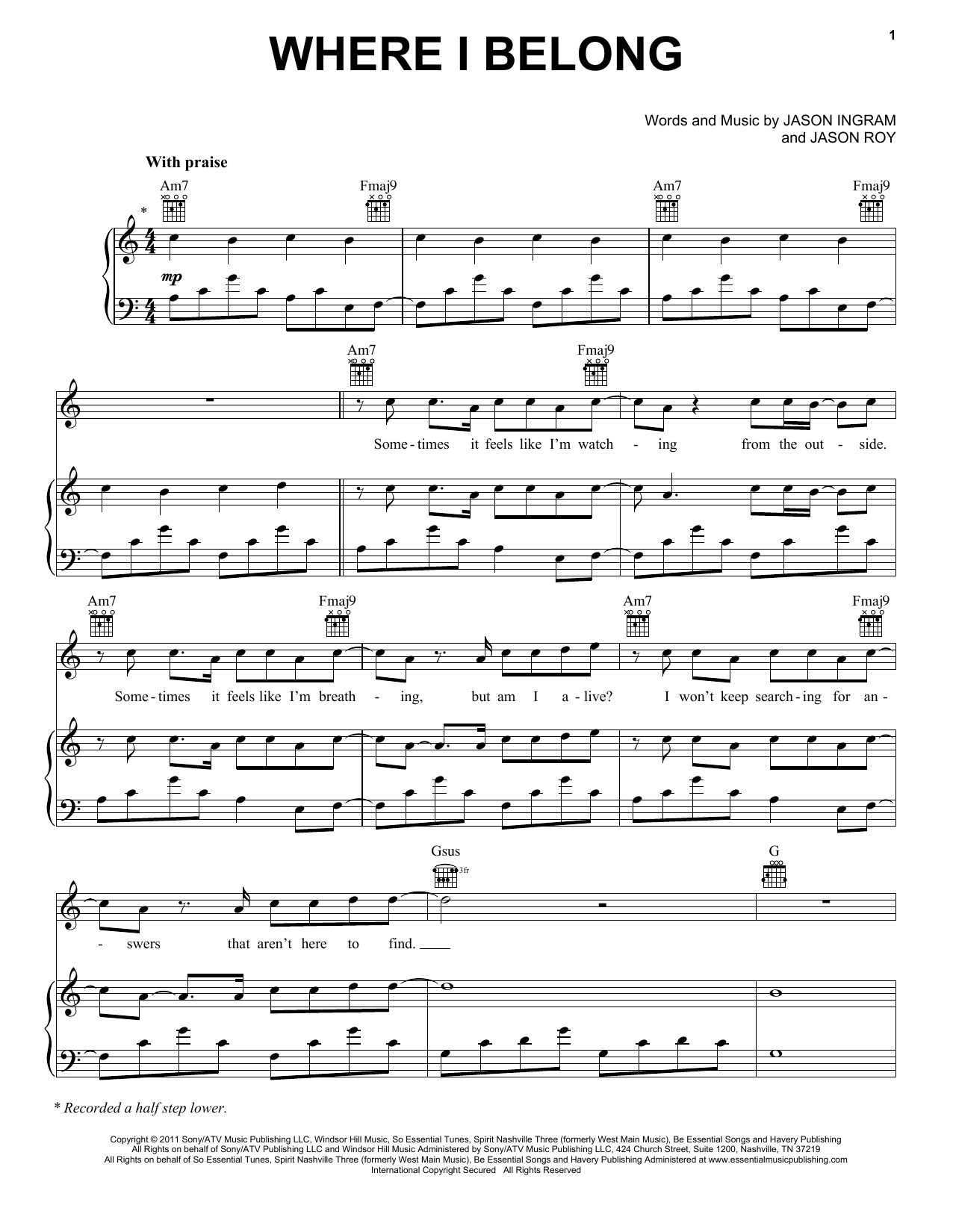 Building 429 Where I Belong sheet music notes and chords arranged for Piano, Vocal & Guitar Chords (Right-Hand Melody)