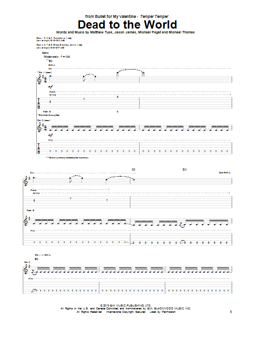 Bullet For My Valentine Dead To The World sheet music notes and chords arranged for Guitar Tab