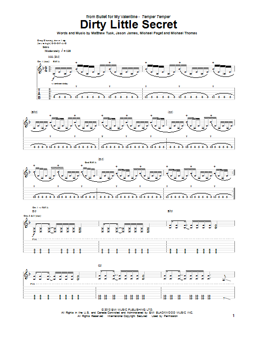 Bullet For My Valentine Dirty Little Secret sheet music notes and chords arranged for Guitar Tab