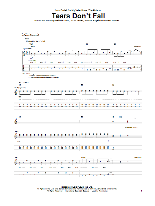 Bullet For My Valentine Tears Don't Fall sheet music notes and chords arranged for Guitar Tab