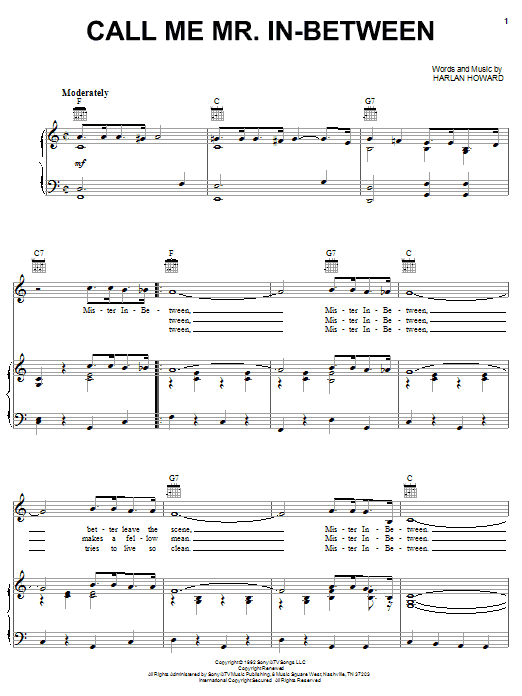 Burl Ives Call Me Mr. In-Between sheet music notes and chords arranged for Piano, Vocal & Guitar Chords (Right-Hand Melody)