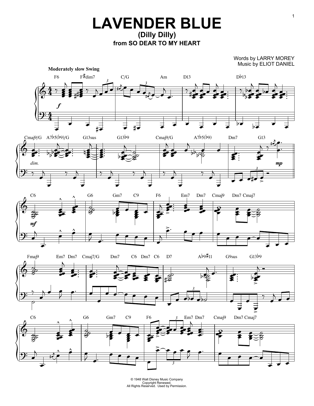 Burl Ives Lavender Blue (Dilly Dilly) (from So Dear To My Heart) [Jazz version] sheet music notes and chords arranged for Piano Solo