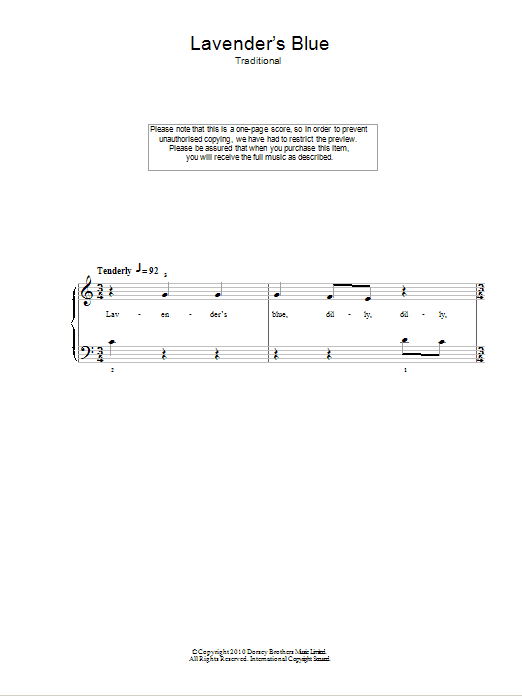 Traditional Nursery Rhyme Lavender Blue sheet music notes and chords arranged for Easy Piano