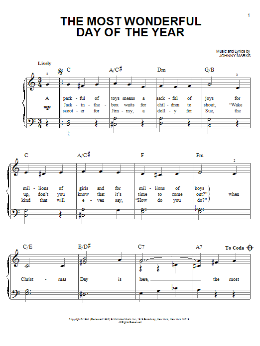 Burl Ives The Most Wonderful Day Of The Year sheet music notes and chords arranged for Easy Piano