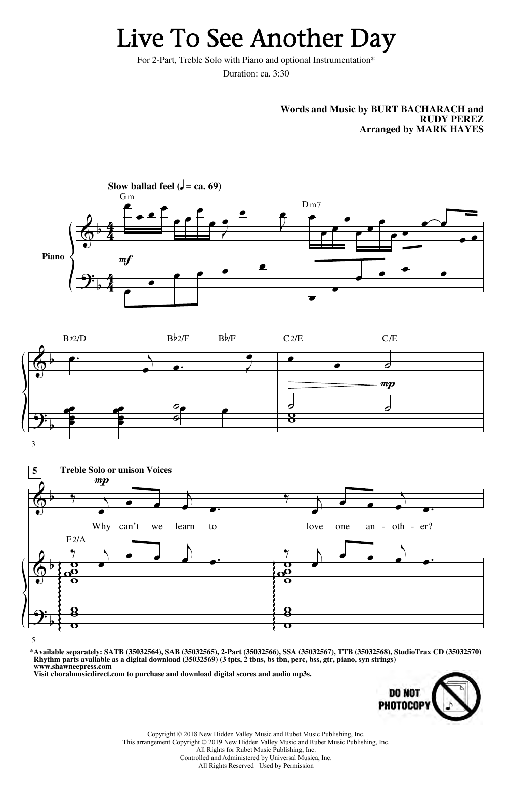 Burt Bacharach & Rudy Perez Live To See Another Day (arr. Mark Hayes) sheet music notes and chords arranged for SAB Choir