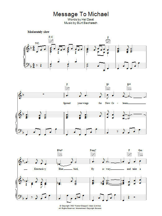 Burt Bacharach A Message to Martha (A Message To Michael/Kentucky Bluebird) sheet music notes and chords arranged for Piano, Vocal & Guitar Chords