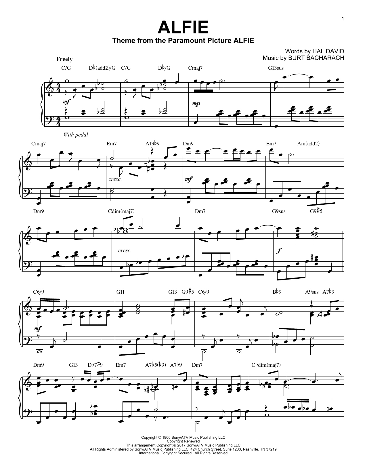 Burt Bacharach Alfie [Jazz version] sheet music notes and chords arranged for Piano Solo