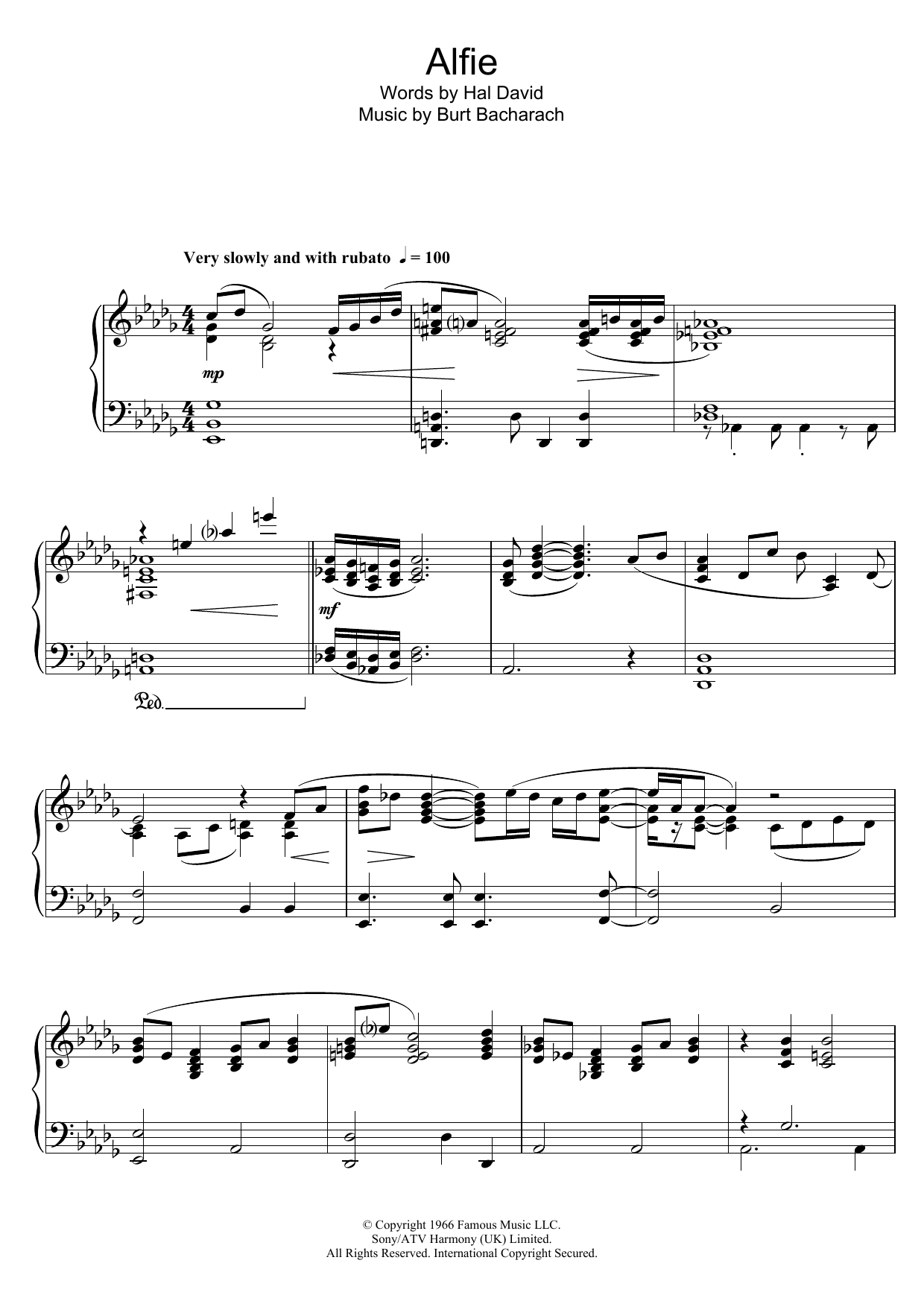 Burt Bacharach Alfie sheet music notes and chords arranged for Piano Solo