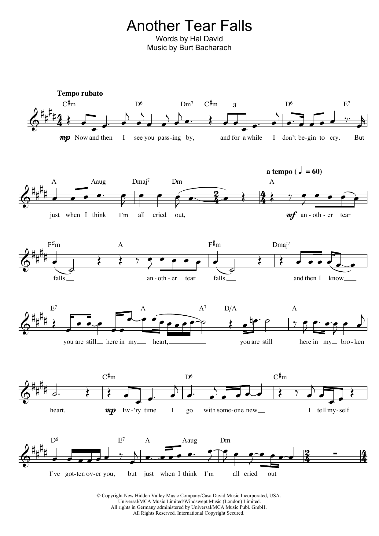 Bacharach & David Another Tear Falls sheet music notes and chords arranged for Lead Sheet / Fake Book