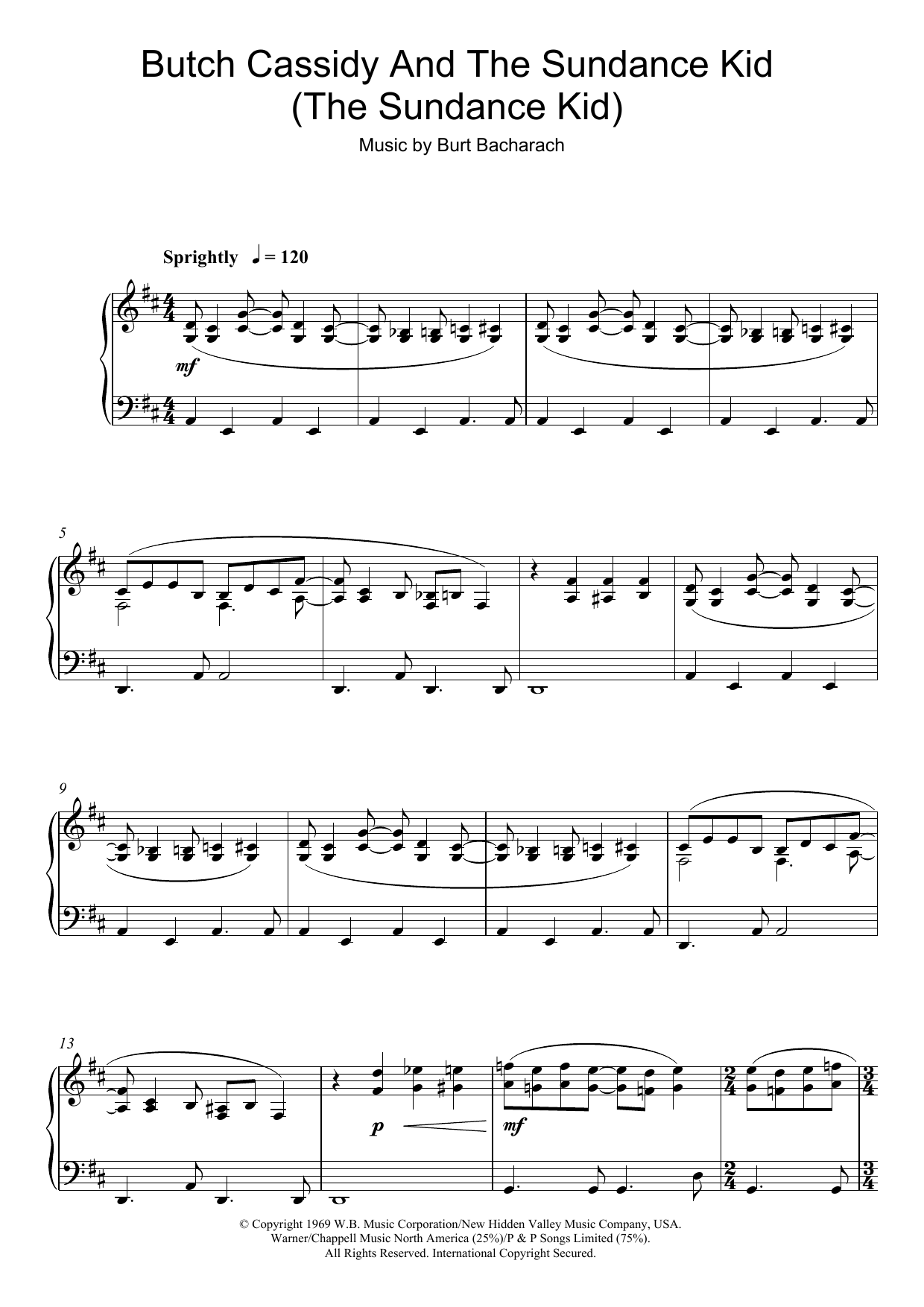 Burt Bacharach Butch Cassidy And The Sundance Kid (The Sundance Kid) sheet music notes and chords arranged for Piano Solo