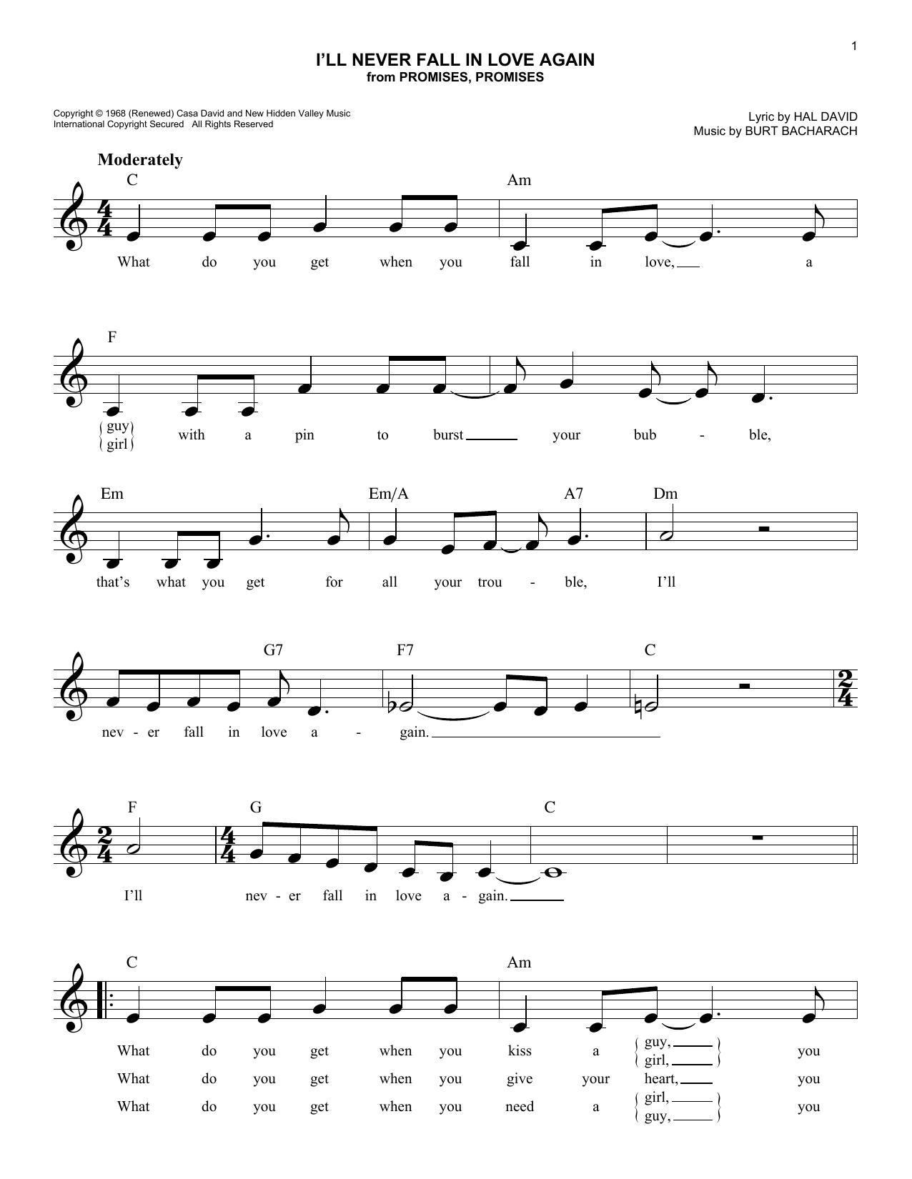 Burt Bacharach I'll Never Fall In Love Again sheet music notes and chords arranged for Piano Chords/Lyrics