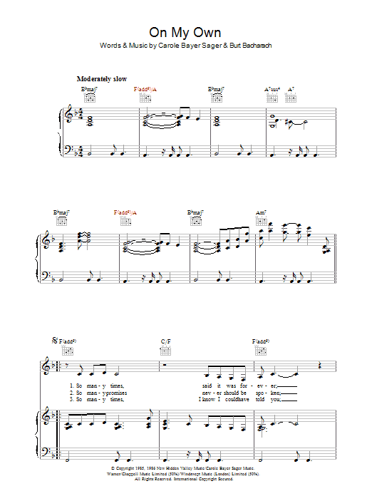 Burt Bacharach On My Own sheet music notes and chords arranged for Piano, Vocal & Guitar Chords