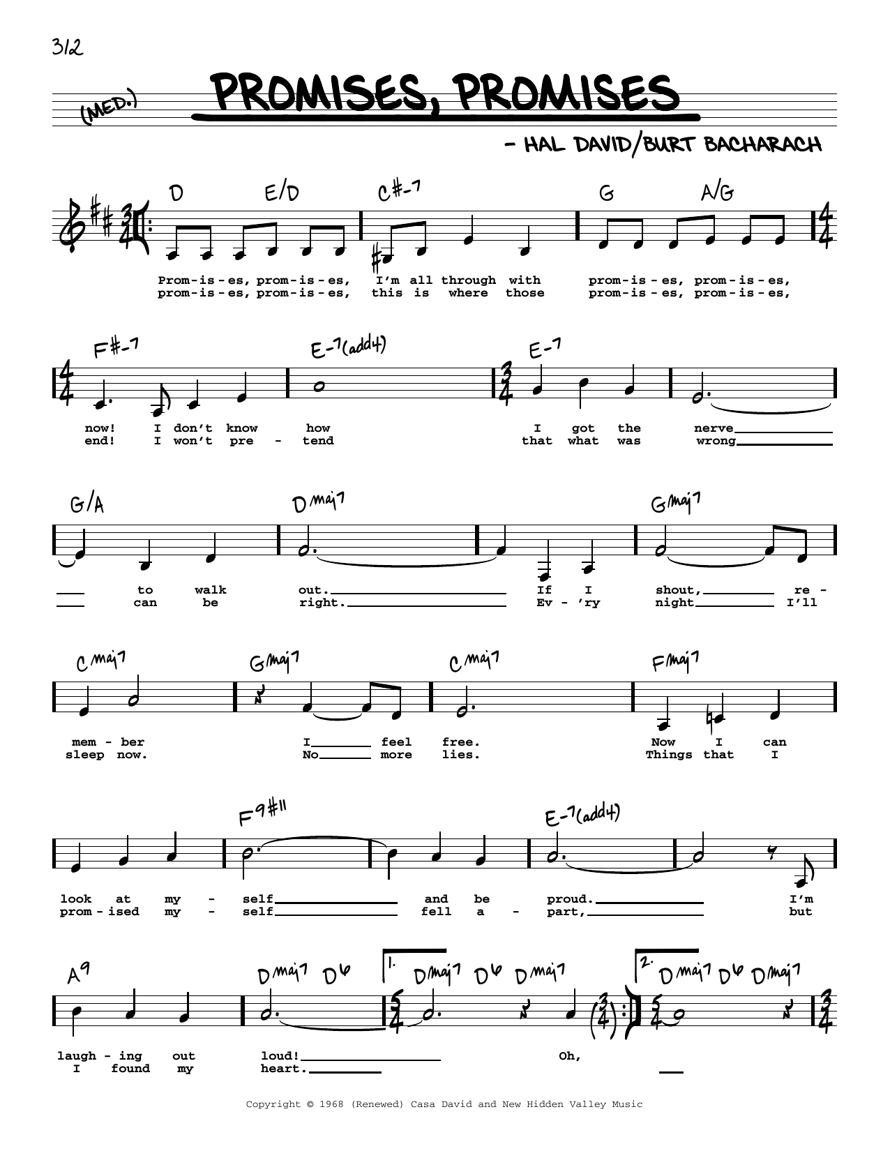 Burt Bacharach Promises, Promises (Low Voice) sheet music notes and chords arranged for Real Book – Melody, Lyrics & Chords