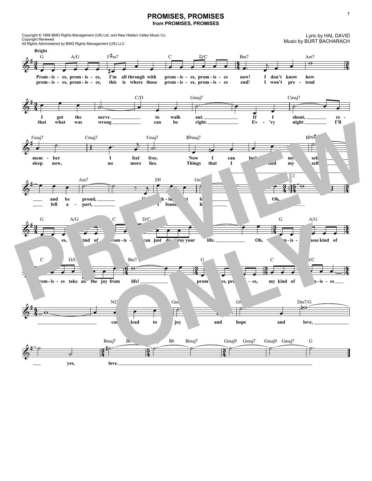 Burt Bacharach Promises, Promises sheet music notes and chords arranged for Lead Sheet / Fake Book