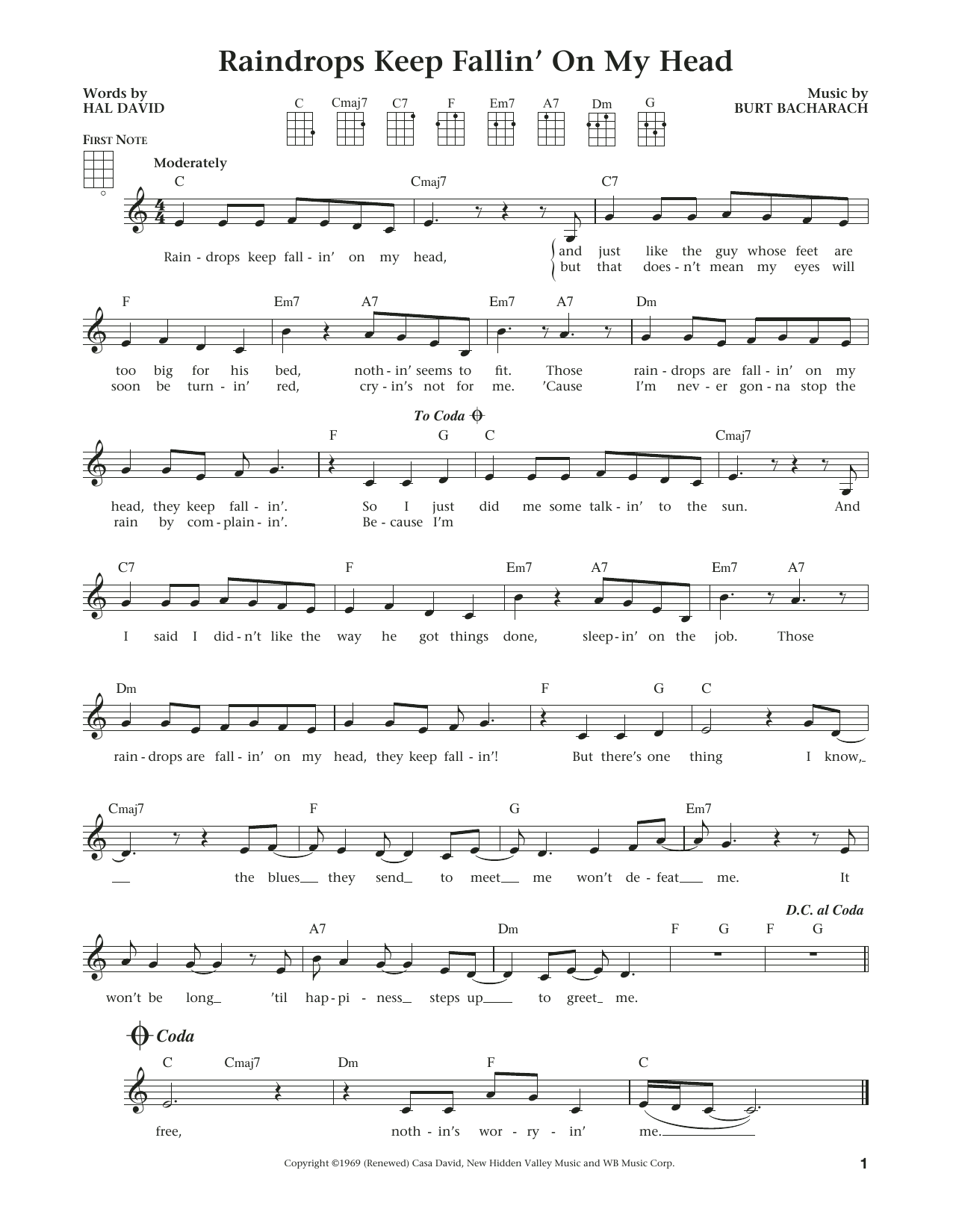 Burt Bacharach Raindrops Keep Fallin' On My Head (from The Daily Ukulele) (arr. Liz and Jim Beloff) sheet music notes and chords arranged for Ukulele