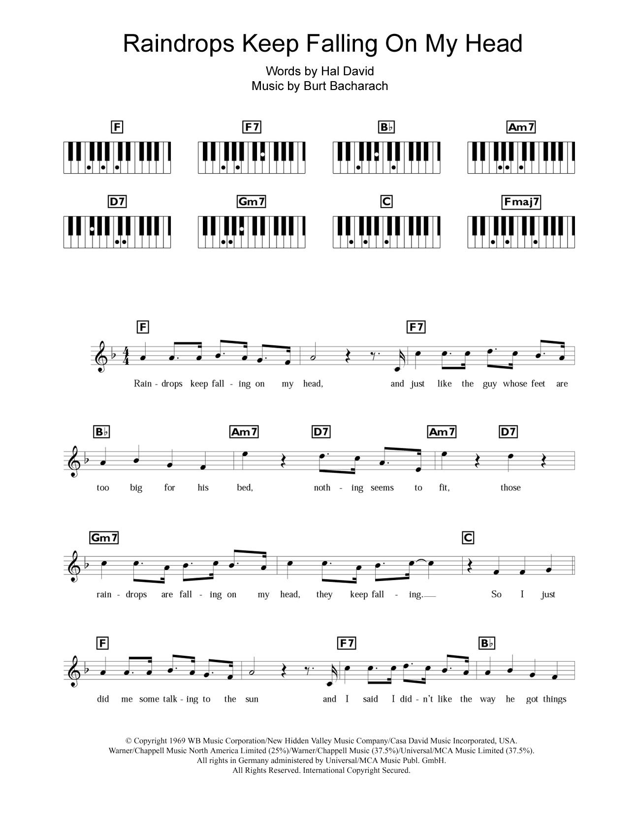 Burt Bacharach Raindrops Keep Falling On My Head sheet music notes and chords arranged for Piano Chords/Lyrics