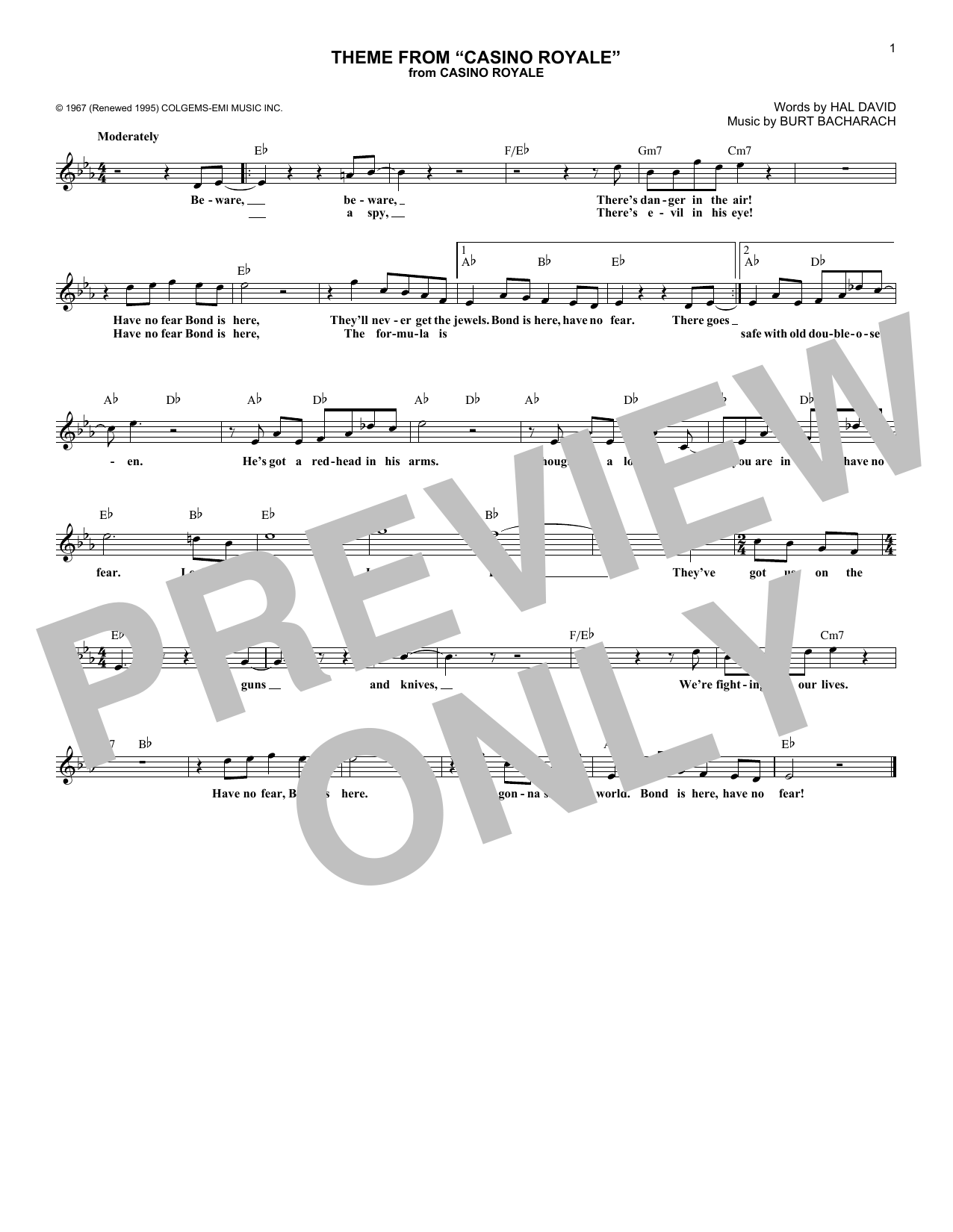Burt Bacharach Theme From Casino Royale sheet music notes and chords arranged for Lead Sheet / Fake Book