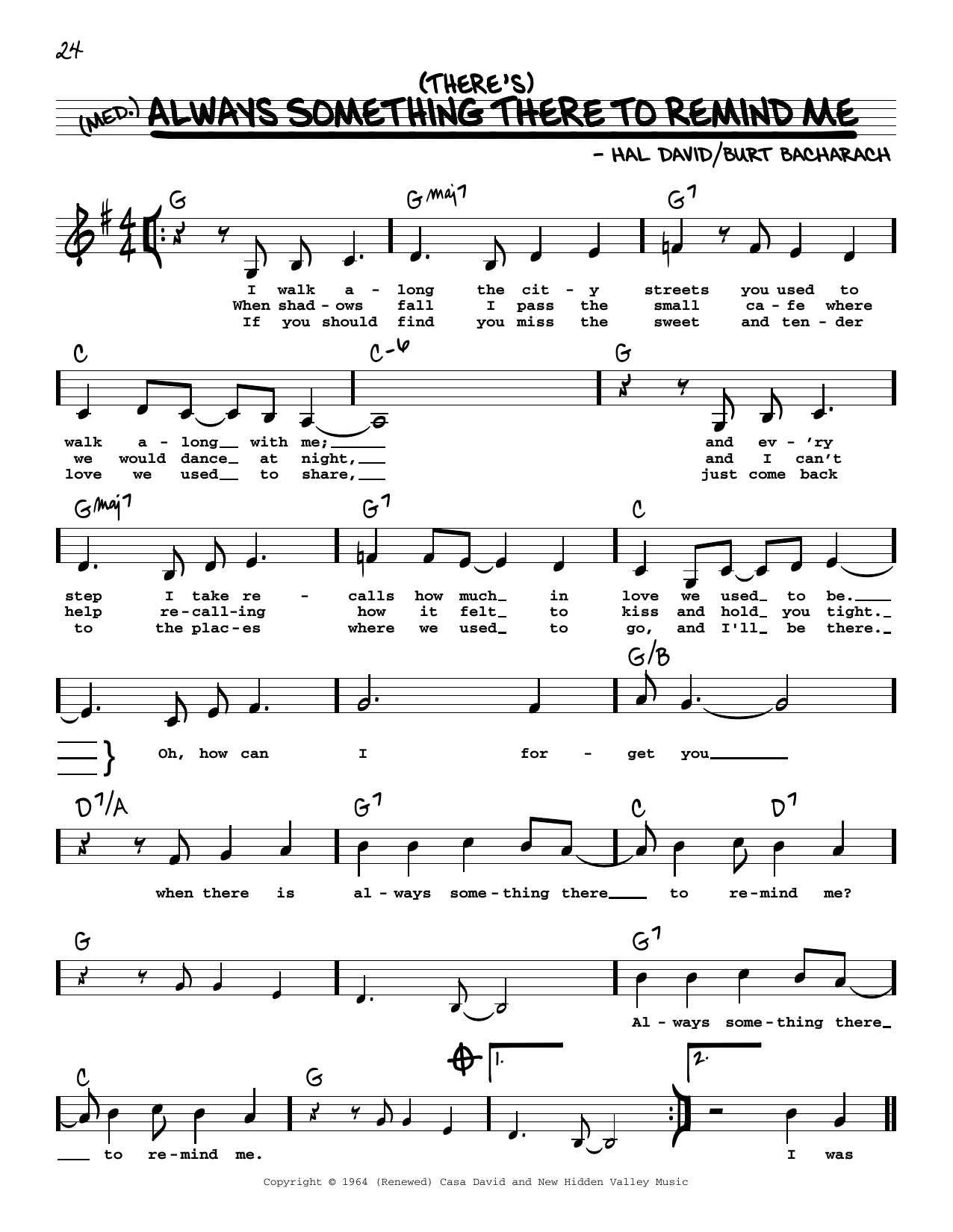Burt Bacharach (There's) Always Something There To Remind Me (Low Voice) sheet music notes and chords arranged for Real Book – Melody, Lyrics & Chords