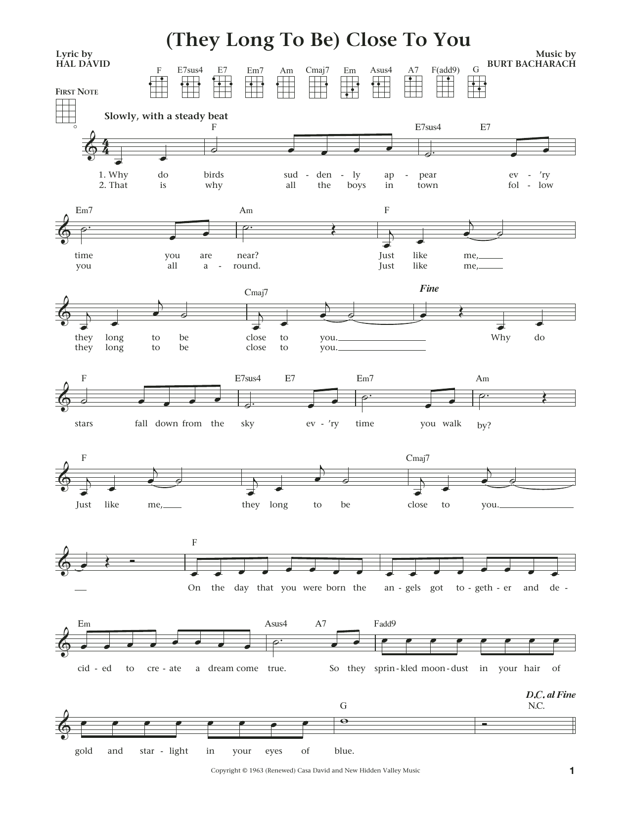 Burt Bacharach (They Long To Be) Close To You (from The Daily Ukulele) (arr. Liz and Jim Beloff) sheet music notes and chords arranged for Ukulele