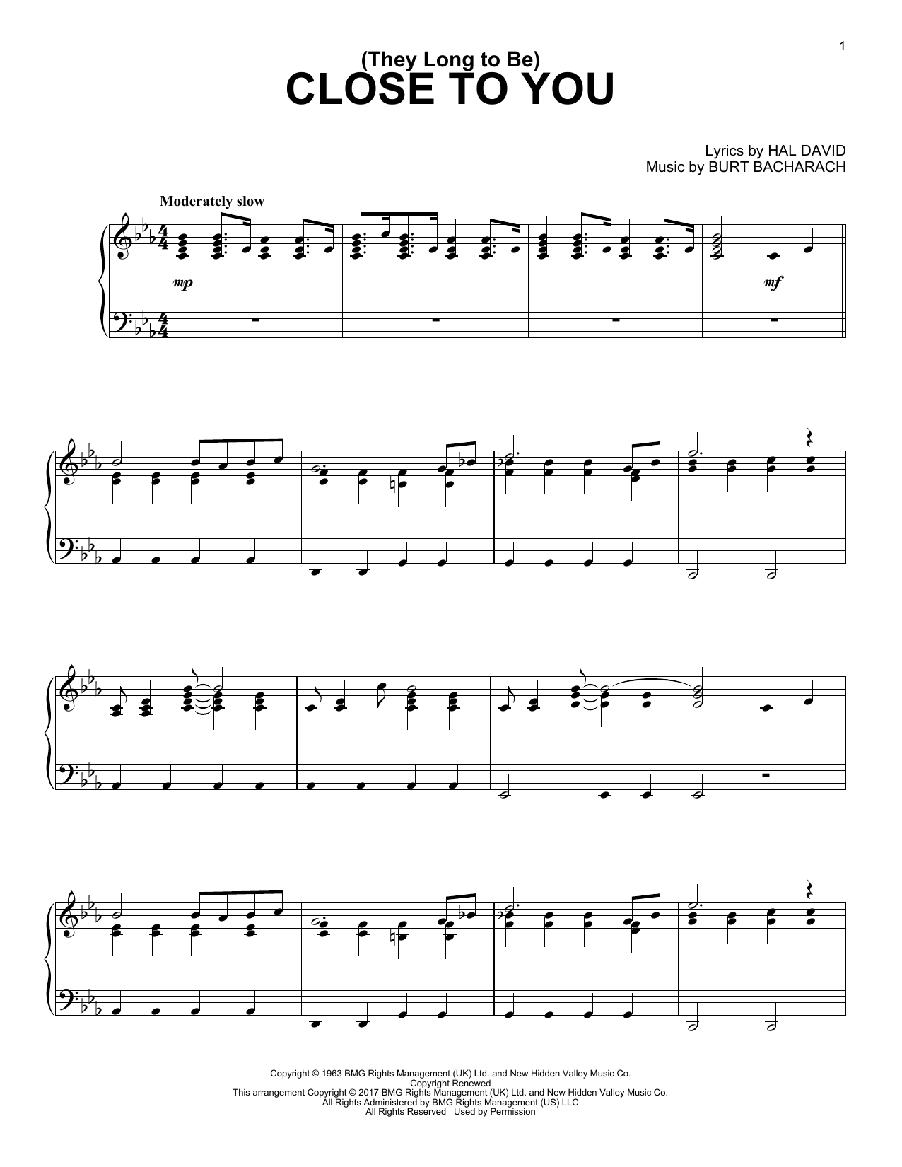 Burt Bacharach (They Long To Be) Close To You sheet music notes and chords arranged for Keyboard Transcription