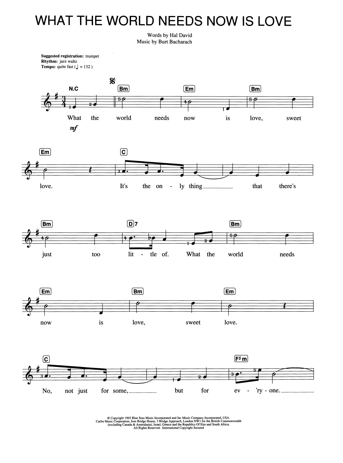 Burt Bacharach What The World Needs Now Is Love sheet music notes and chords arranged for Big Note Piano