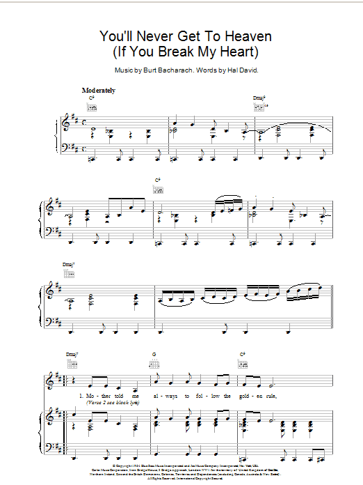 Burt Bacharach You'll Never Get To Heaven sheet music notes and chords arranged for Piano, Vocal & Guitar Chords